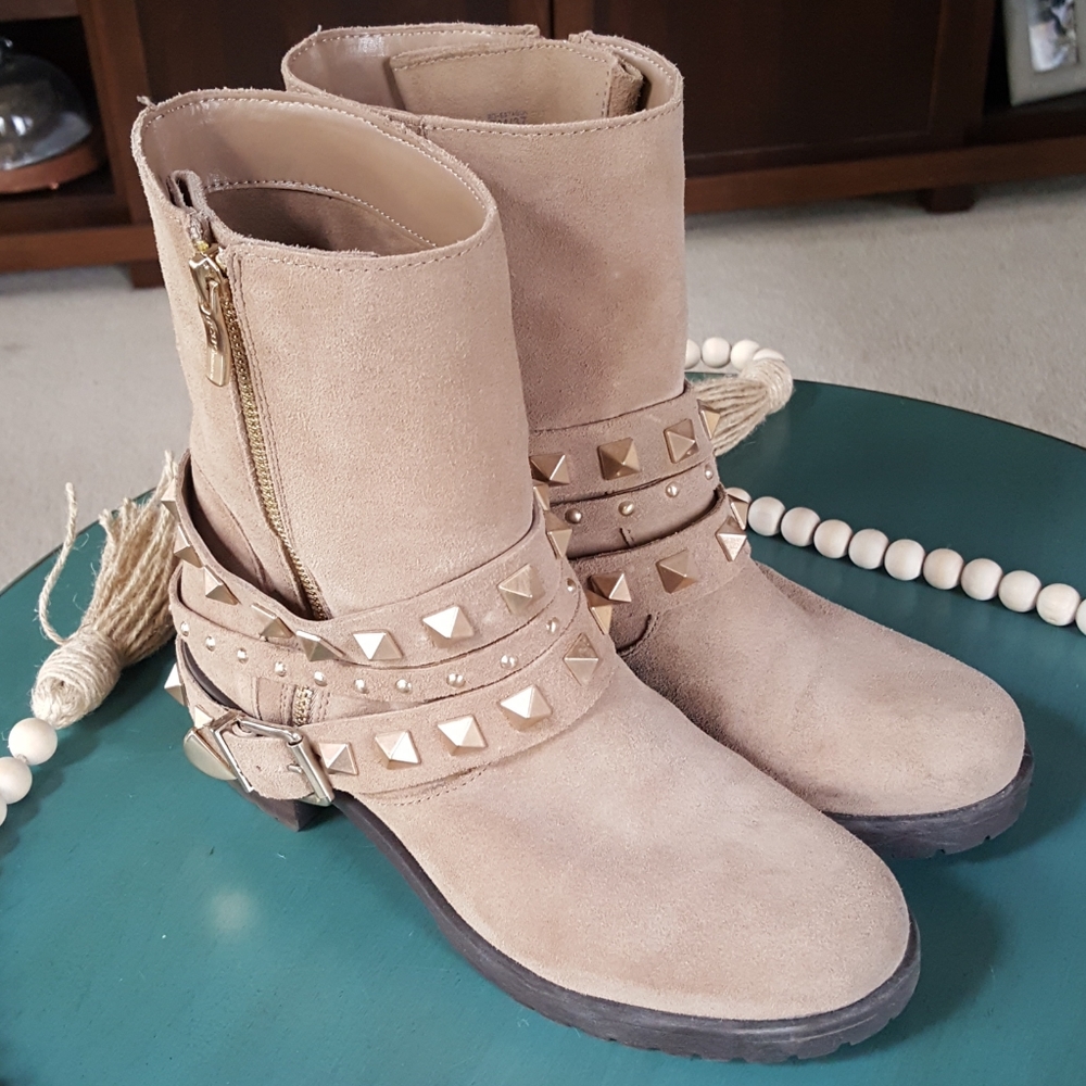 BCBGeneration Taupe Studded Suede Ankle Booties